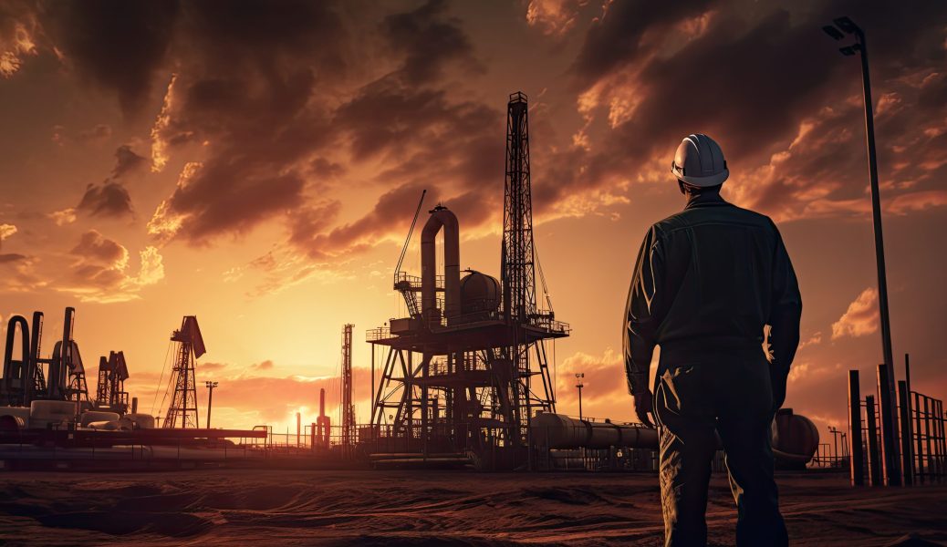 Oil and gas industry. Worker in the oilfield at sunset, Oil rig worker at sunset, AI Generated